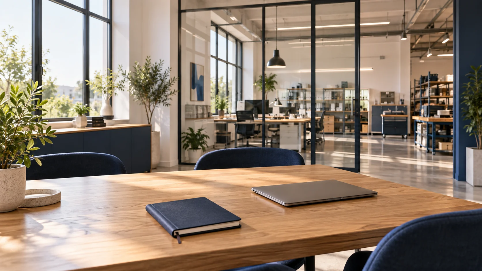 Un ambiente di lavoro luminoso con postazione e sala riunioni